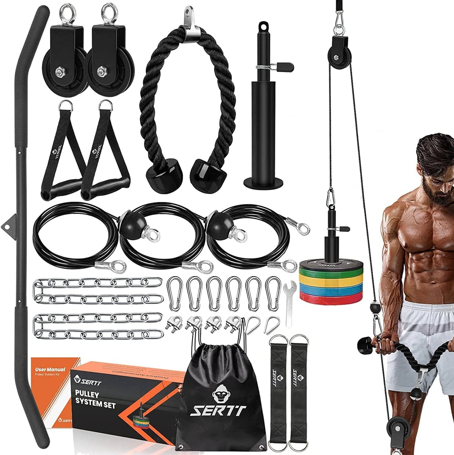 SERTT Weight Pulley System Gym, Pulley Pro Home Cable Pulley System Gym for Lat Pull Down, Biceps Curl, Triceps, Shoulders, Back, Forearm Workout, DIY Weight Cable Pulley Attachments for Gym Equipment