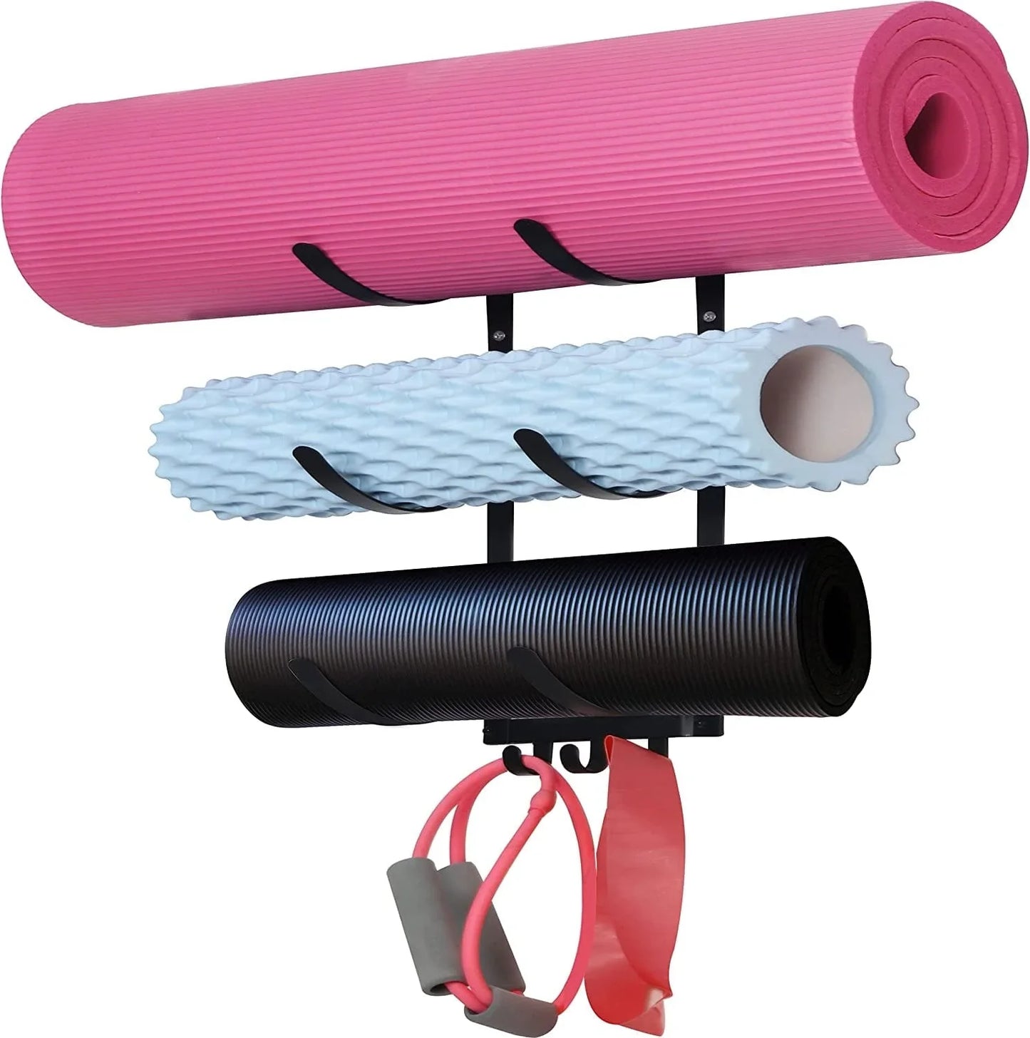SKOLOO Wall Mount Yoga Mat Rack,Home Gym Accessories Storage Rack for Hanging Foam Rollers & Yoga Mat,3 Hanger Hooks for Resistance Bands or Towels