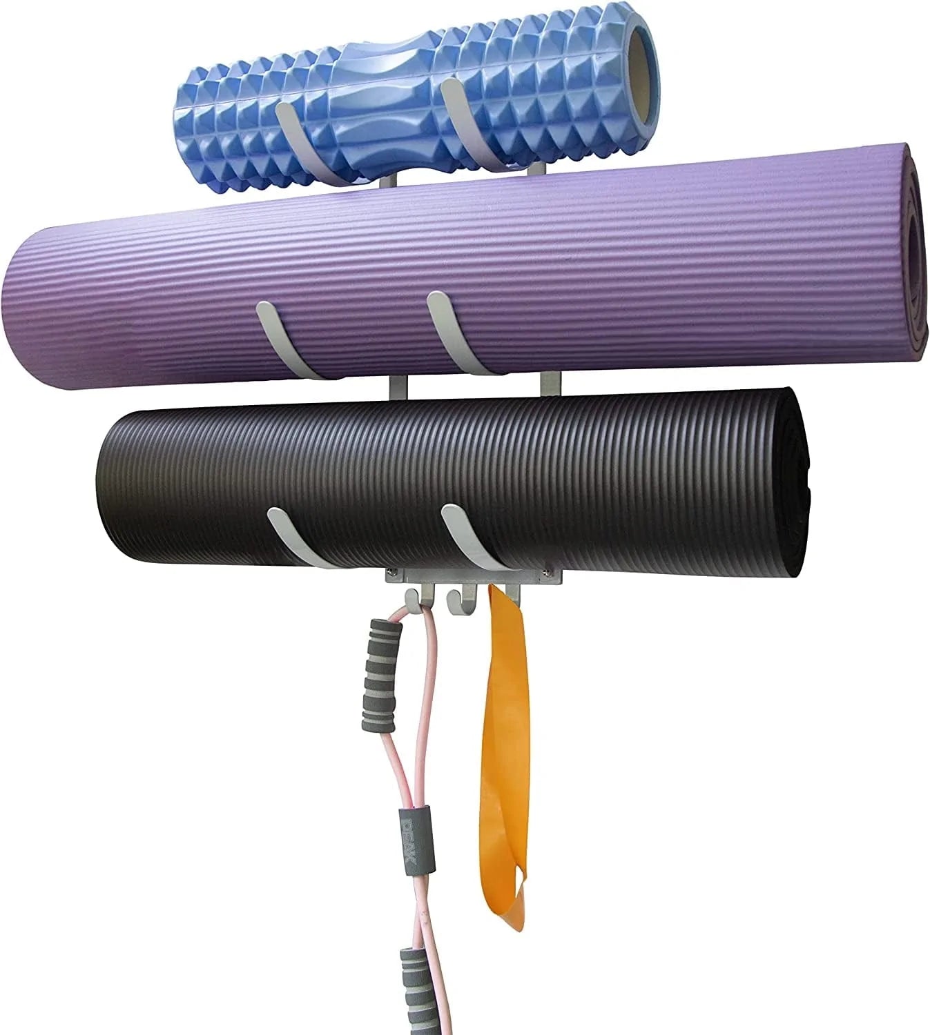 SKOLOO Wall Mount Yoga Mat Rack,Home Gym Accessories Storage Rack for Hanging Foam Rollers & Yoga Mat,3 Hanger Hooks for Resistance Bands or Towels