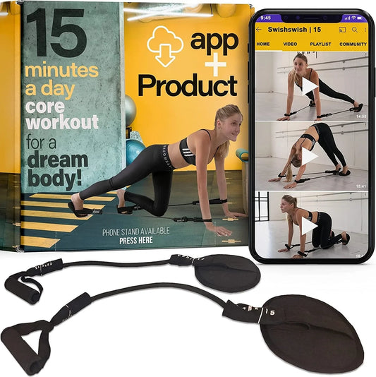 Swishwish15 Core Muscles Exercise Set - Multipurpose HIIT Fitness Equipment, Home Gym Kit W/ Training Program + Virtual Coach for Beginners & Pros - Includes Resistance Bands, Sliding Discs, Carry Bag