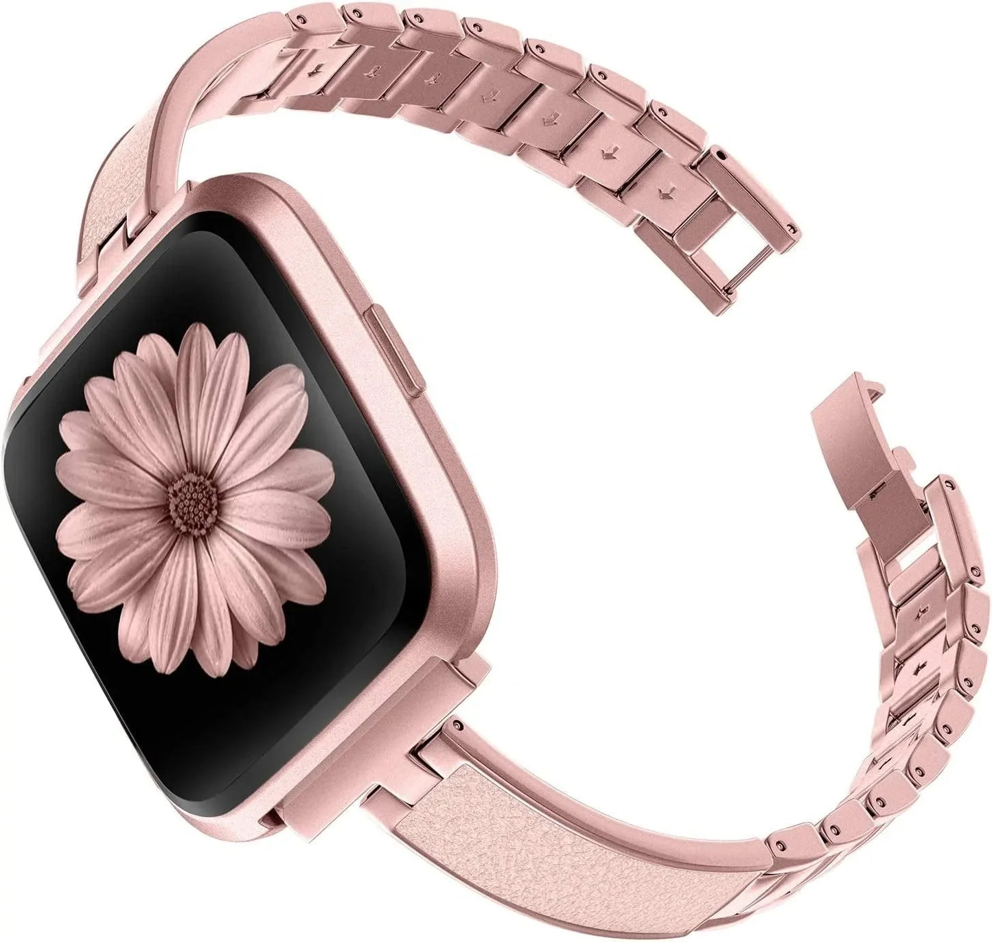 TOYOUTHS Stylish Bracelet Compatible with Fitbit Versa/Versa 2 Bands Women Slim Strap Replacement for Versa Lite Special Edition Stainless Steel Metal+Leather Accessories (Dark Rose Gold+Pink)