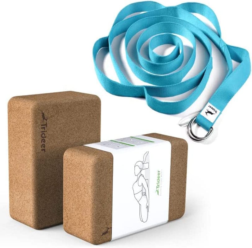 Trideer Cork Yoga Blocks, 2 Pack Natural Cork Block with Yoga Strap Stretching Strap,5-Loop with Extra D-Ring Yoga Bands for Physical Therapy