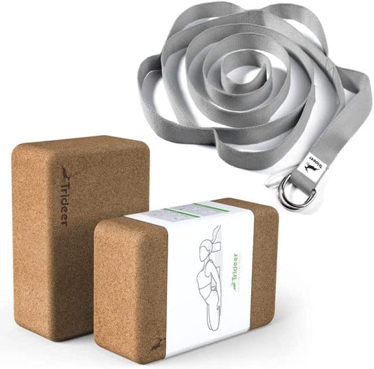 Trideer Cork Yoga Blocks, 2 Pack Natural Cork Block with Yoga Strap Stretching Strap,5-Loop with Extra D-Ring Yoga Bands for Physical Therapy