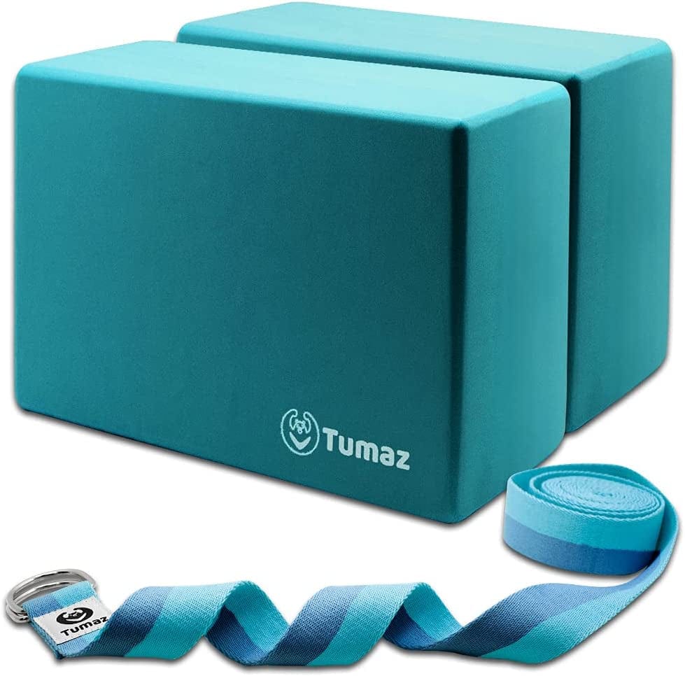 Tumaz Yoga Blocks 2 Pack with Strap Set, High Density/Lightweight EVA Foam Yoga Blocks or Non-Slip Solid Natural Cork Yoga Blocks Set & Premium Yoga Brick for All Yogi [E-Book Included]