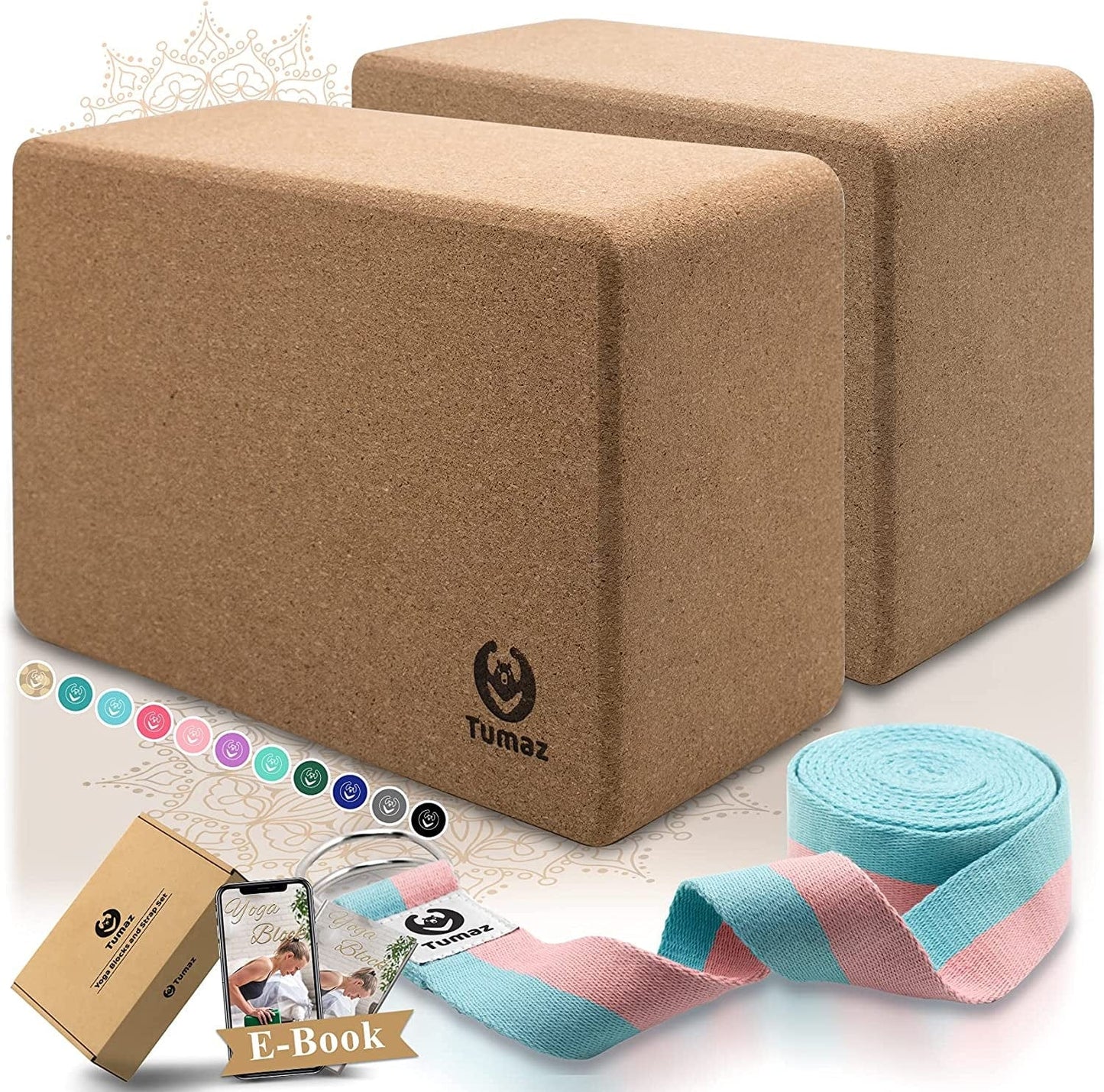 Tumaz Yoga Blocks 2 Pack with Strap Set, High Density/Lightweight EVA Foam Yoga Blocks or Non-Slip Solid Natural Cork Yoga Blocks Set & Premium Yoga Brick for All Yogi [E-Book Included]