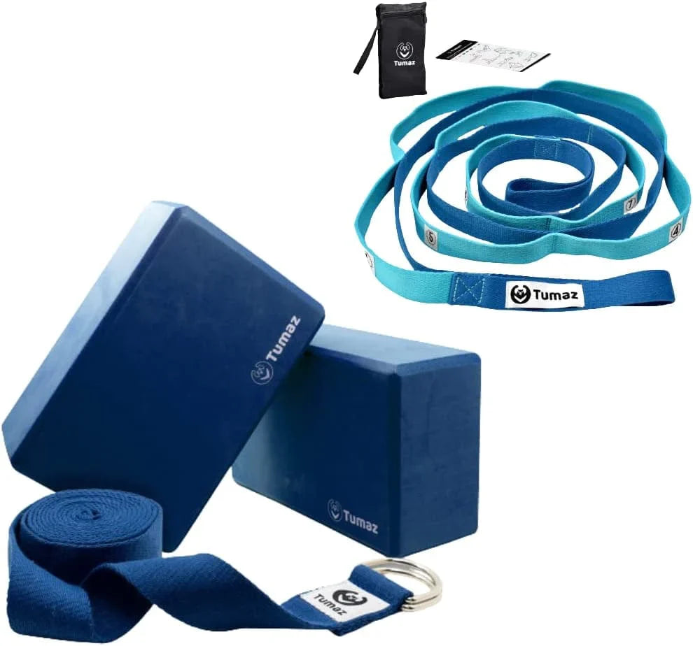 Tumaz Yoga Blocks and Stretching Strap Set - High Density/Lightweight EVA Foam Yoga Blocks - 10 Loops & Non-Elastic Yoga Strap - the Perfect Home Workout Stretch Strap for Physical Therapy