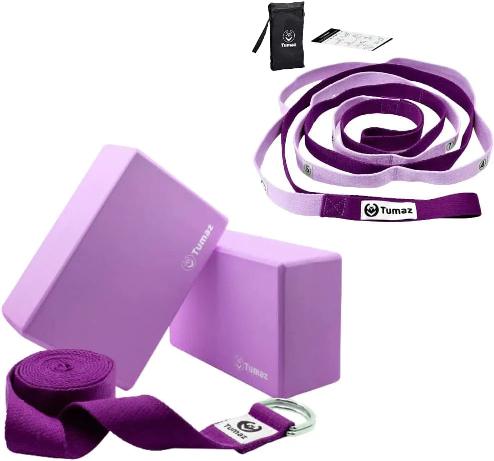 Tumaz Yoga Blocks and Stretching Strap Set - High Density/Lightweight EVA Foam Yoga Blocks - 10 Loops & Non-Elastic Yoga Strap - the Perfect Home Workout Stretch Strap for Physical Therapy