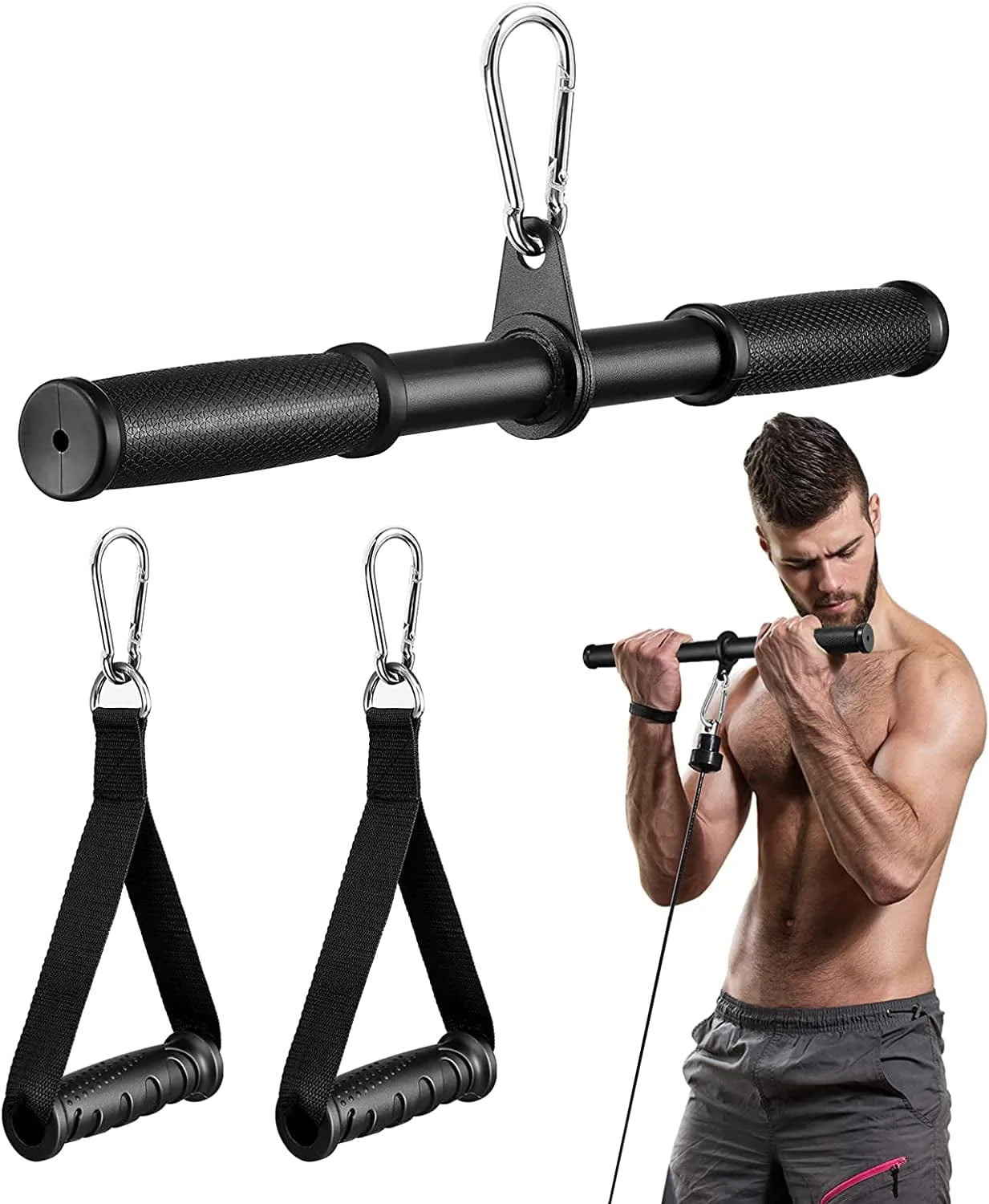 Unomor LAT Pull down Handles: 2 Pack Exercise Handles Grips Attachments and Rotating Straight Bar with 3 Carabiners Clips for Resistance Bands Cable Machine Workout Home Gym Training