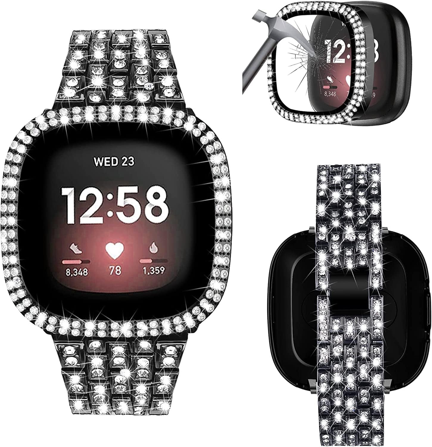 V-MORO Metal Band Compatible with Fitbit Versa 3/Sense Bands Woman Bling Jewelry Diamond Metal Strap Replacement with Full Cover Protective Cases Accessories for Fitbit Sense/Versa 3