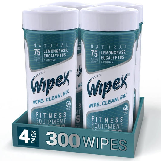 Wipex Natural Wipes for Fitness in Lemongrass & Eucalyptus, Gyms, Yoga, Peloton Cycles, Treadmills and Home, 75 Wipes per Canister (4 Canisters)