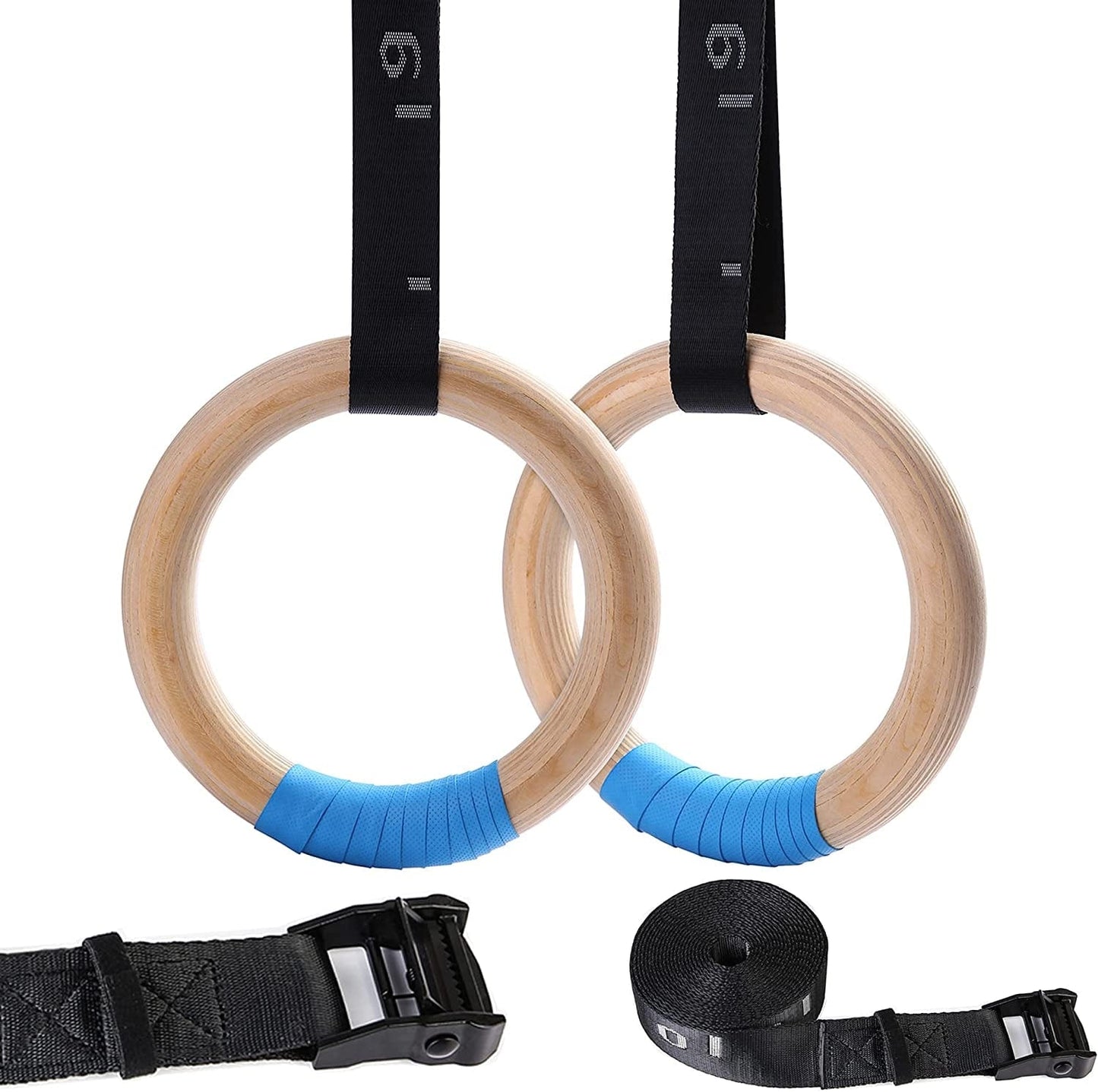 YOELVN Wood Gymnastic Rings with Adjustable Number Suspension Trainer Straps with Cam Buckle 15Ft Olympic Rings 32/28Mm Heavy Duty 1543/992Lbs for Pull up Bar Workout Exercise Gym Hanging Rings Indoor