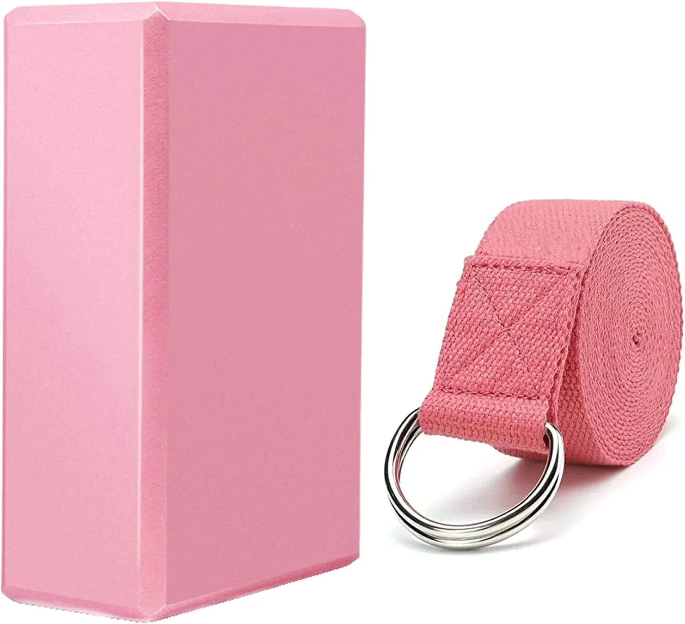 Yoga Block + Yoga Strap Set, High Density Yoga Foam Blocks to Improve Strength, Flexibility and Balance, Non-Slip Surface for Yoga, Pilates and Meditation (Pink)