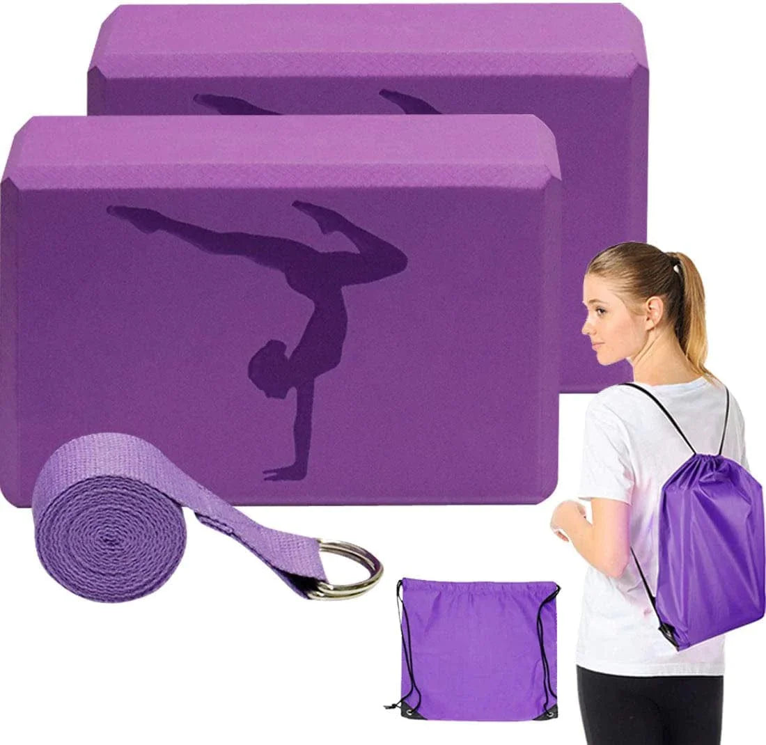 Yoga Blocks 2 Pack with Strap, Higher Density Eva Foam Blocks, Yoga Strap & Yoga Bag, Yoga Starter Kit for Women, Durable and Sturdy, Perfect for Yoga, Pilates, Daily Exercise or Physical Therapy.