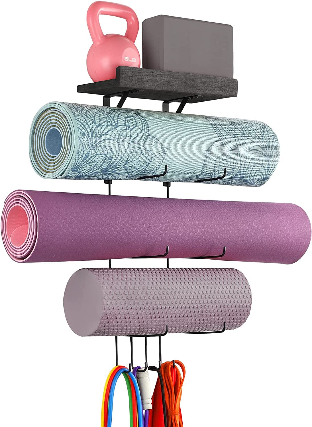 Yoga Mat Holder Accessories Wall Mount Organizer Storage Decor Foam Roller and Towel Storage Rack with 4 Hooks and Wooden Shelves Yoga Mats Rack Resistance Bands for Home Gym School Office