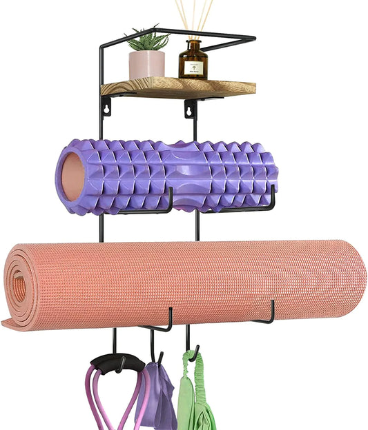 Yoga Mat Holder Wall Mount, Yoga Mat Storage Rack for Home Gym Accessories Organizer with Wood Floating Shelves and 3 Hooks for Hanging Foam Roller, Resistance Bands and Towel
