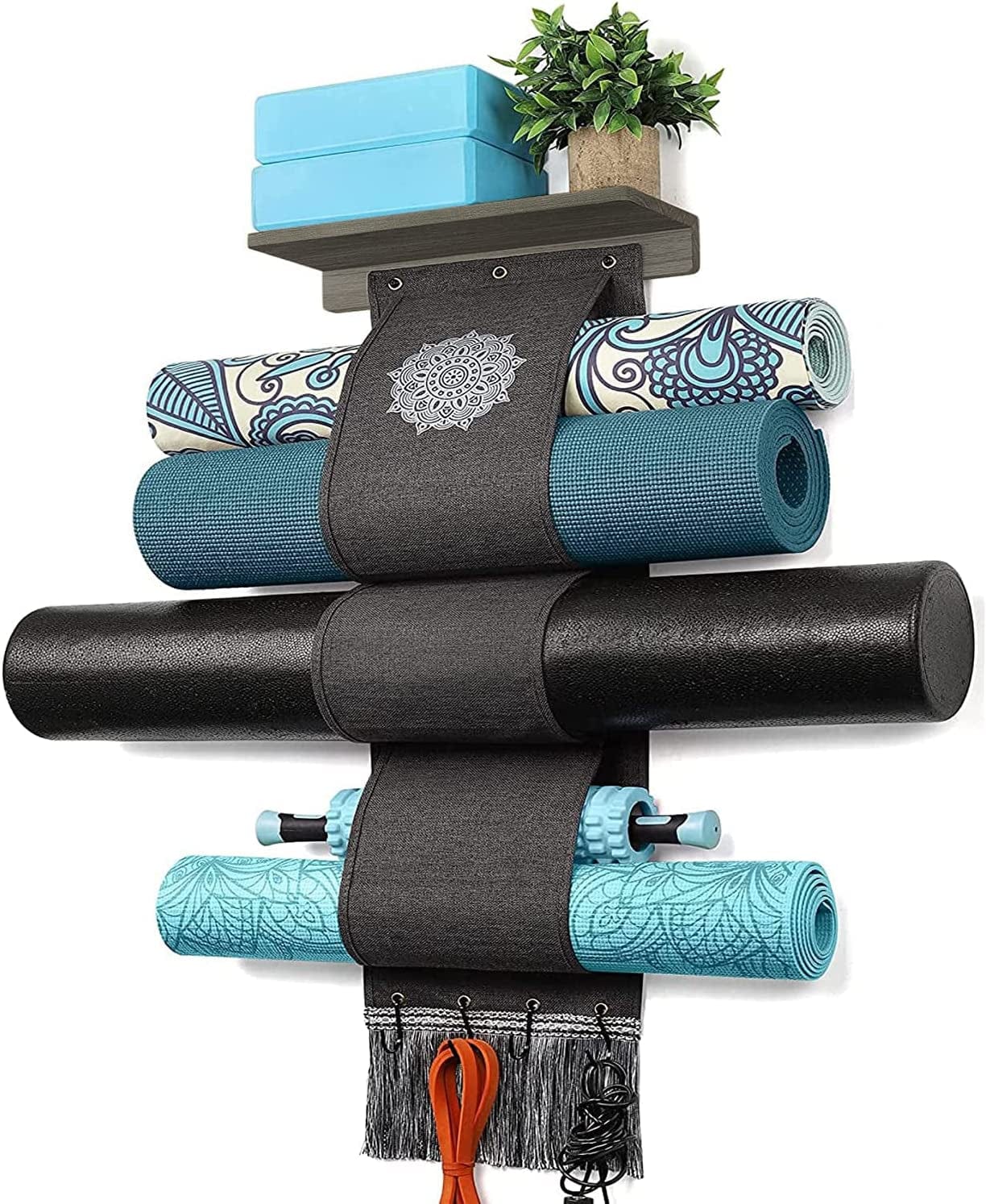 Yoga Mat Holder Wall Mount Yoga Mat Storage Rack with 3 Sizes Pocket Wood Floating Shelves and 4 Hooks for Hanging Foam Roller Yoga Mats Yoga Block Home Gym Accessories