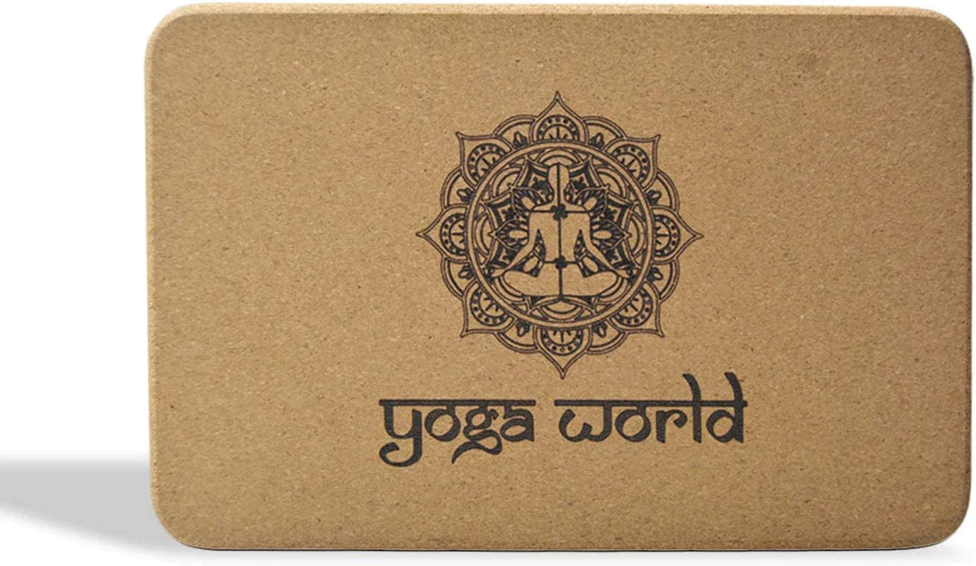 Yoga World Cork Yoga Blocks - Firm, Non-Slip Bricks for Stretching Practice, Pilates, Stability, Fitness - Curved Edges for Secure Grip - Easy-To-Clean Exercise Accessory - 9X6X3, Approximately 700G