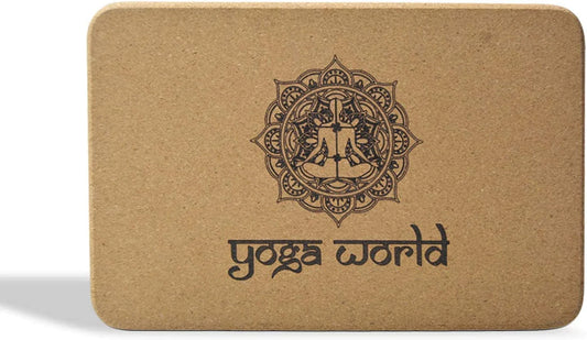 Yoga World Cork Yoga Blocks - Firm, Non-Slip Bricks for Stretching Practice, Pilates, Stability, Fitness - Curved Edges for Secure Grip - Easy-To-Clean Exercise Accessory - 9X6X3, Approximately 700G