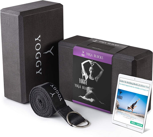 YOGGY Yoga Foam Blocks Stretch Blocks for Yoga & Strap | High-Density Eva Foam Yoga Blocks 2 Pack with Yoga Strap D Ring | Yoga Blocks and Strap Set + Ebook with Yoga Essentials Tips